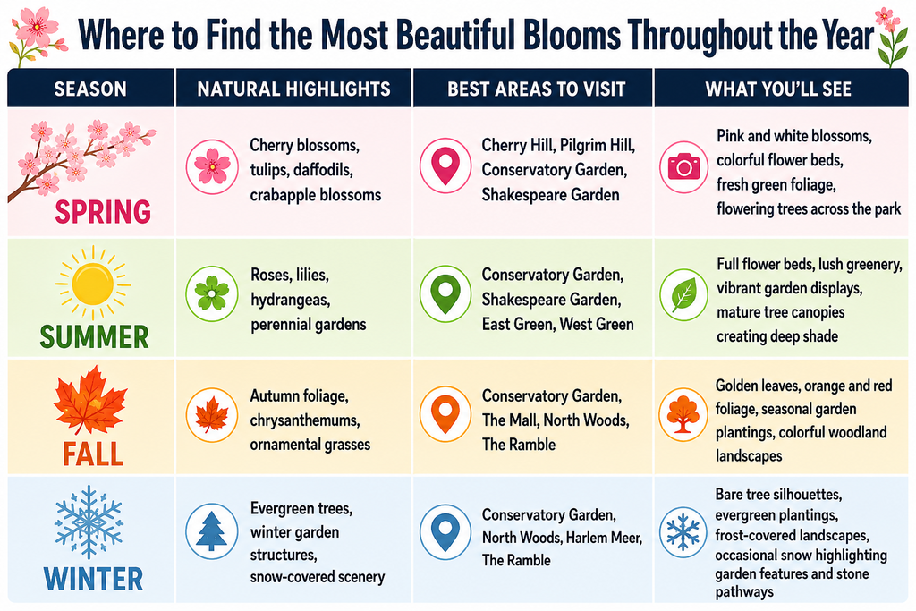 Seasonal infographic showing spring cherry blossoms, summer gardens, fall foliage, and winter landscapes with recommended viewing areas throughout the year.