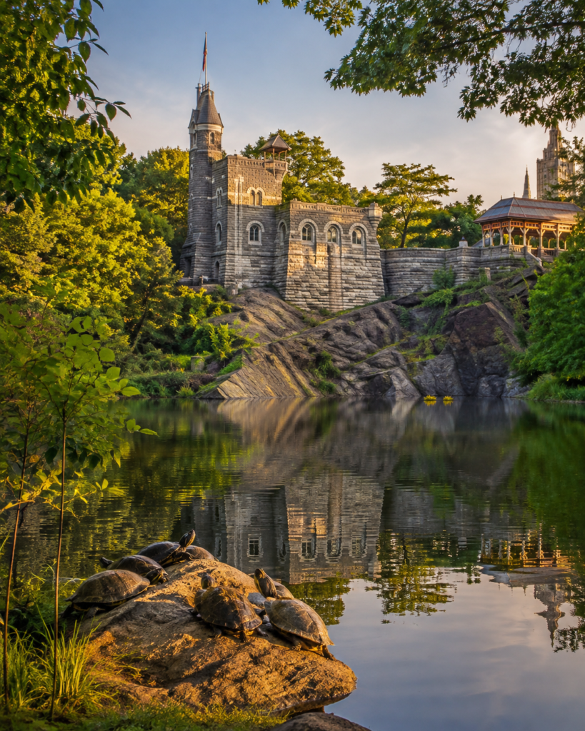 Belvedere Castle overlooks Turtle Pond at golden hour, with basking turtles, lush trees, rocky shoreline, and beautiful reflections creating a peaceful Central Park scene.