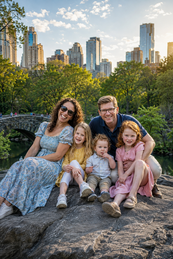 A Happy Family posing on rocks near Gapstow Bridge in Central Park, with The Pond, lush trees, and Manhattan skyscrapers visible in the background.