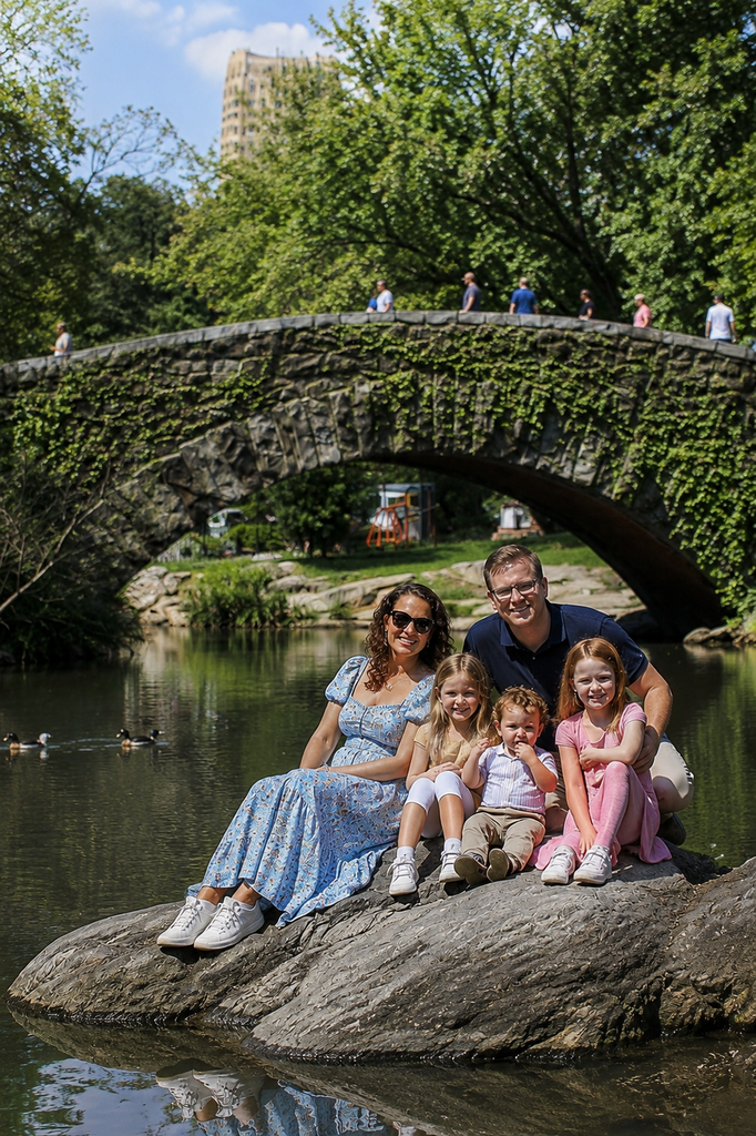 Gapstow Bridge spans a tranquil Central Park pond, surrounded by lush greenery and reflecting trees under daylight skies, creating a scenic setting.