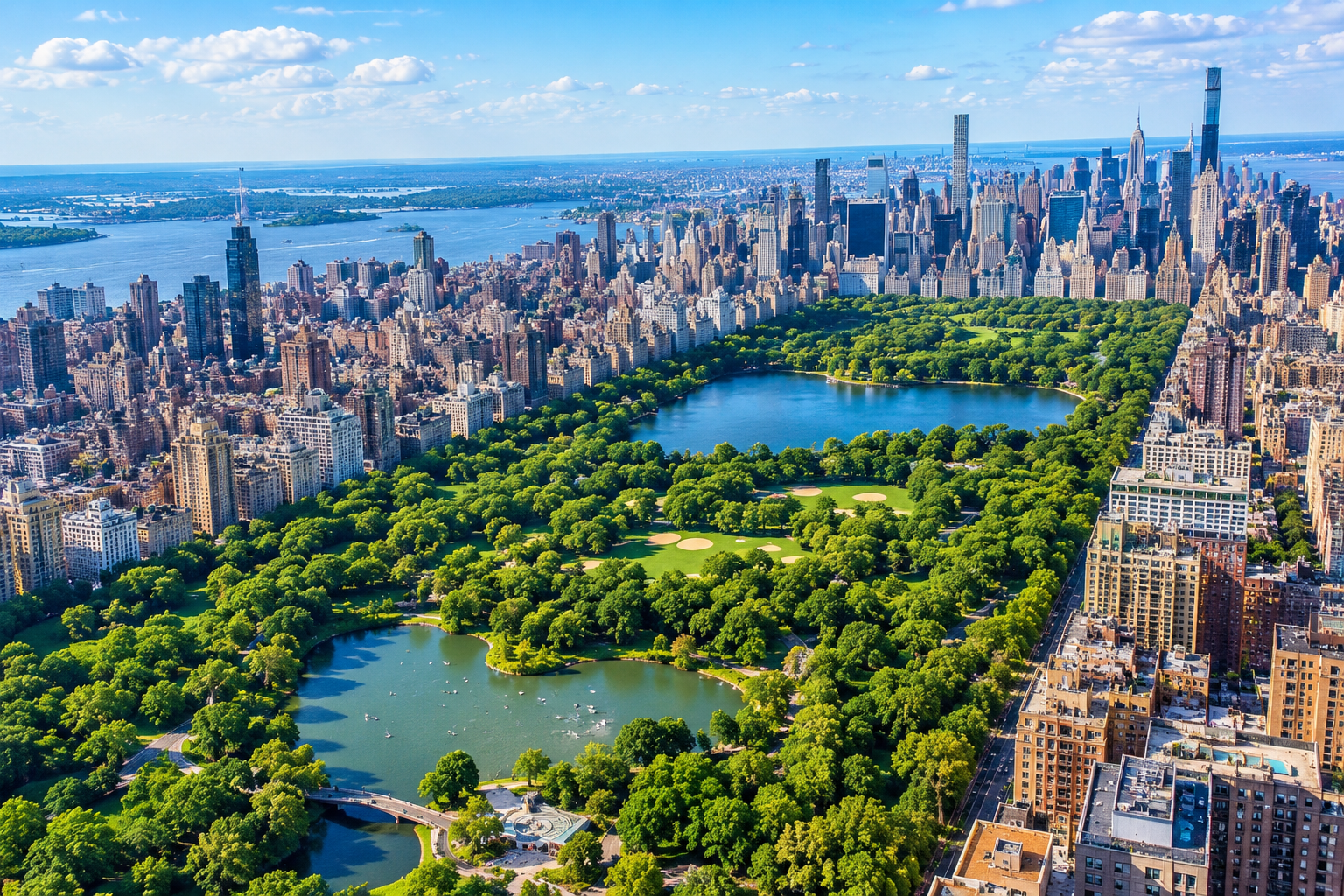 Panoramic aerial view of Central Park surrounded by Manhattan skyscrapers, featuring lush greenery, scenic lakes, bridges, recreational fields, and iconic New York City skyline beneath a bright blue sky daylight.