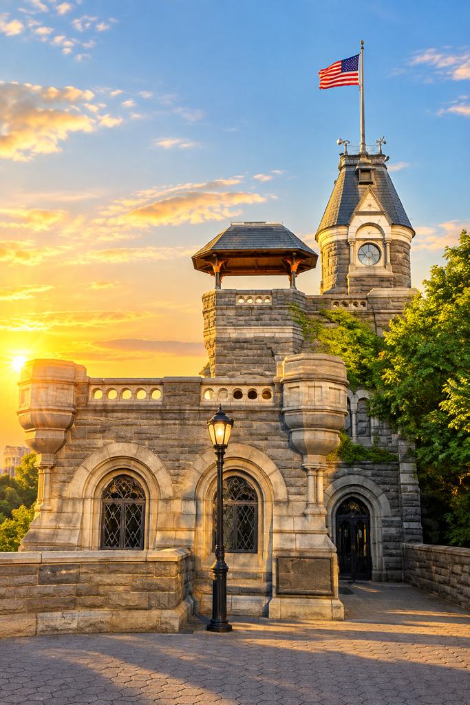 Historic stone fortress, Belvedere Castle entrance with arched windows, turret, gazebo, American flag, vintage lamp, greenery, and warm sunrise lighting create a dramatic vertical architectural travel scene in high resolution photography.