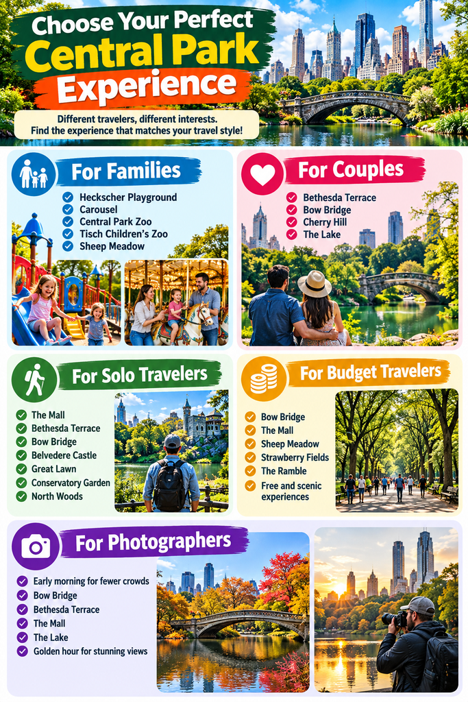 Central Park experience infographic highlighting routes for families, couples, solo travelers, budget visitors, and photographers, featuring playgrounds, bridges, gardens, landmarks, free attractions, and scenic photography spots.
