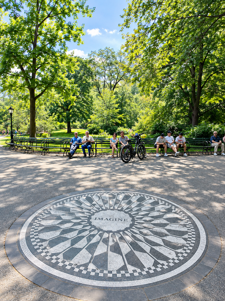 Central Park mosaic memorial reading IMAGINE surrounded by leafy trees, benches, bicycles, and visitors enjoying a sunny outdoor plaza with dappled shadows and lush greenery in peaceful summer setting.