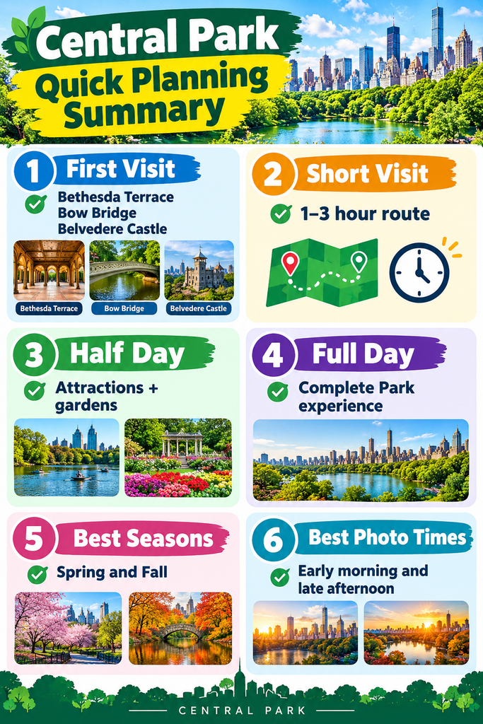 Central Park planning infographic highlighting first-visit landmarks, short routes, half-day and full-day itineraries, best spring and fall seasons, and ideal morning and afternoon photography times.