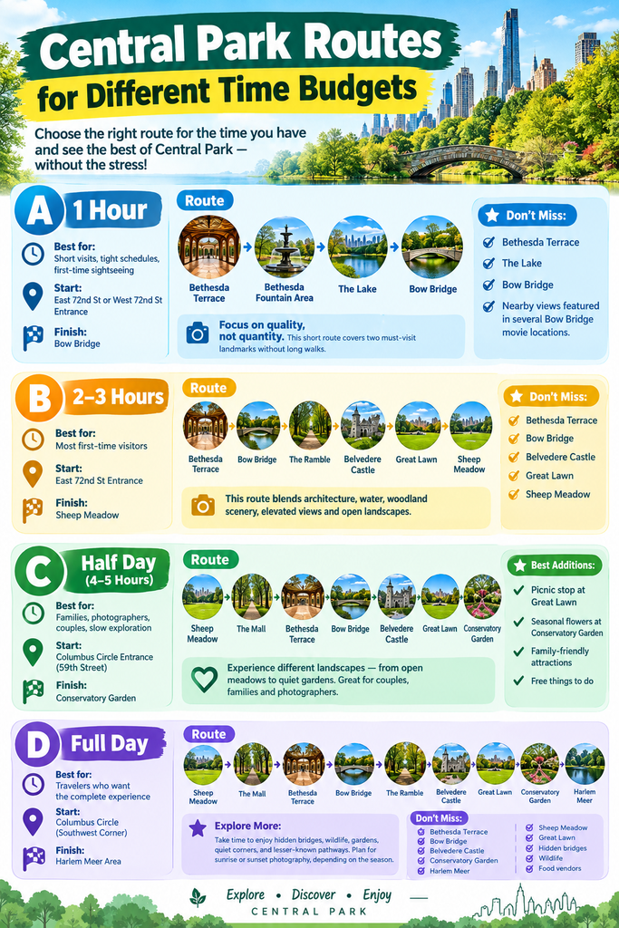 Central Park routes infographic showing one-hour, two-to-three-hour, half-day, and full-day itineraries with landmarks, starting points, finishes, highlights, and planning tips.