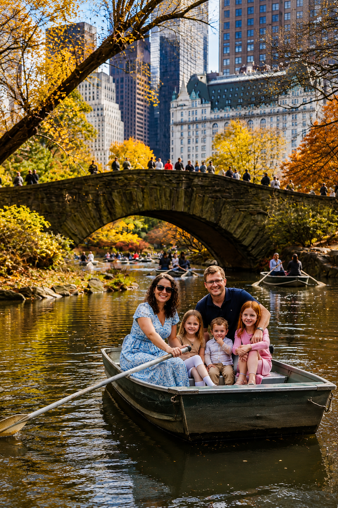 Gapstow Bridge spans The Pond in Central Park, with a family enjoying a rowboat beneath the stone arch, surrounded by autumn foliage, Manhattan buildings, and visitors.