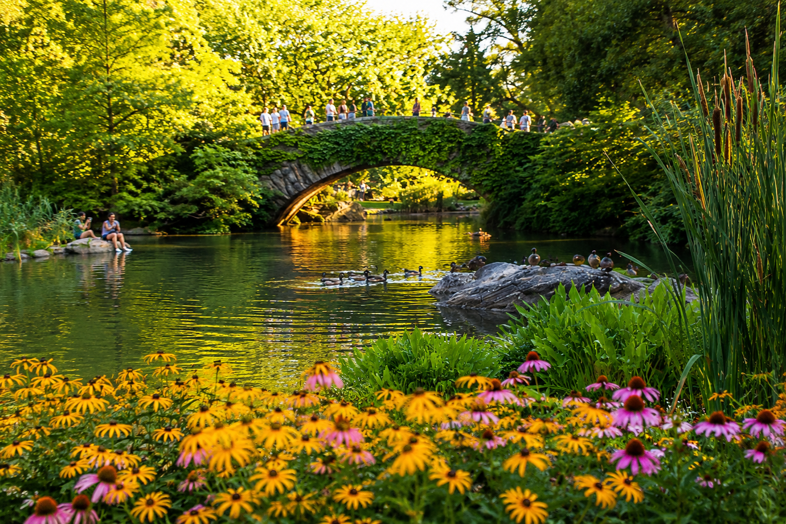 Gapstow Bridge arches over The Pond in Central Park, surrounded by lush greenery, colorful flowers, calm water, ducks, and visitors enjoying the historic stone landmark.