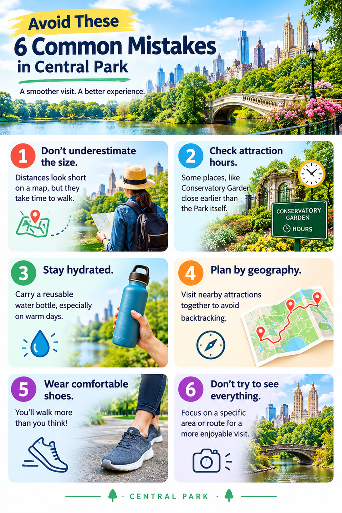 Vertical infographic highlighting six common Central Park visitor mistakes: underestimating walking distances, checking attraction hours, staying hydrated, planning by geography, wearing comfortable shoes, and avoiding overly ambitious itineraries with clear icons, photographs, and mobile-friendly large text for first-time visitors.