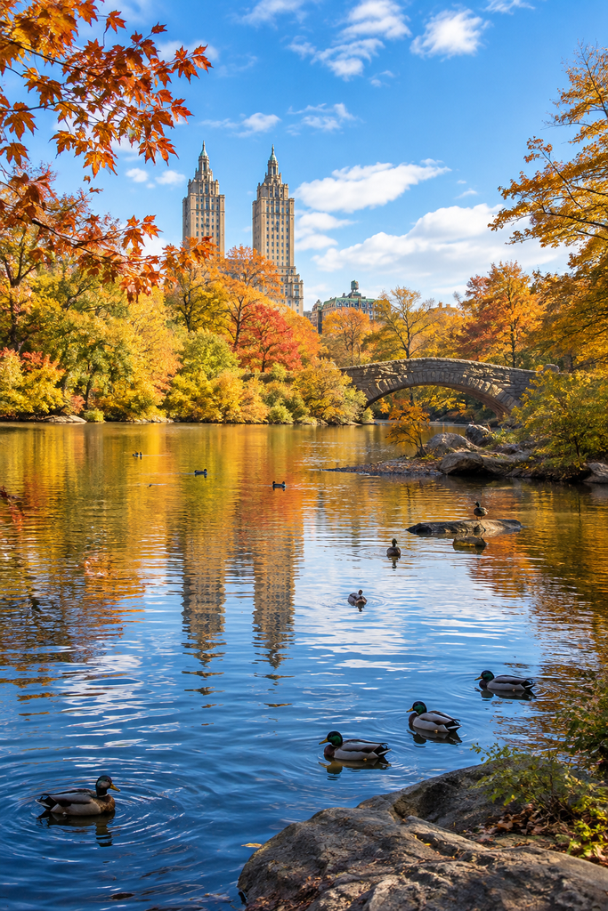 The Pond in Central Park features calm blue water, ducks swimming and resting, a stone bridge, colorful autumn trees, and beautiful reflections beneath a clear sky.