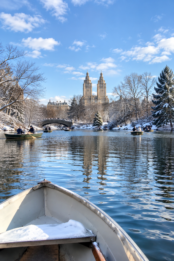 The Pond in Central Park features calm water viewed from a rowboat, with visitors boating nearby, tree-lined shores, distant Manhattan buildings, and a bright winter sky overhead.
