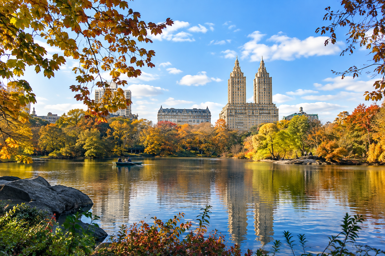 The Pond in Central Park reflects nearby Manhattan buildings beneath a clear blue sky. Autumn-colored trees line the water, while delicate reeds frame the foreground of this peaceful urban landscape scene.