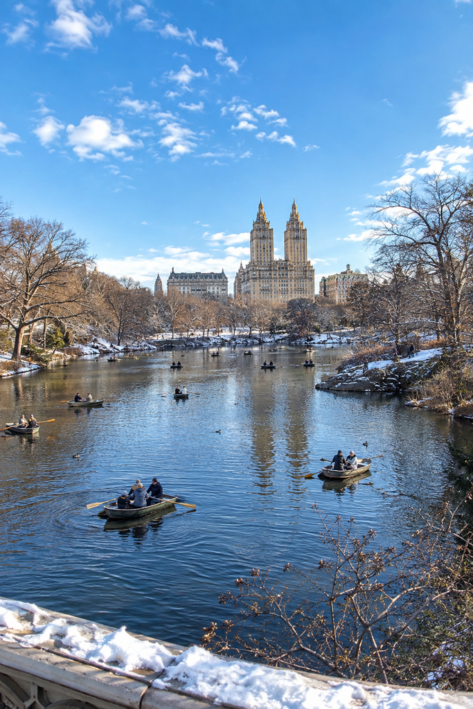 Winter scenery at Central Park’s Pond, viewed from a bridge, with visitors enjoying rowboats on calm water, surrounded by snow-covered trees and Manhattan’s skyline.