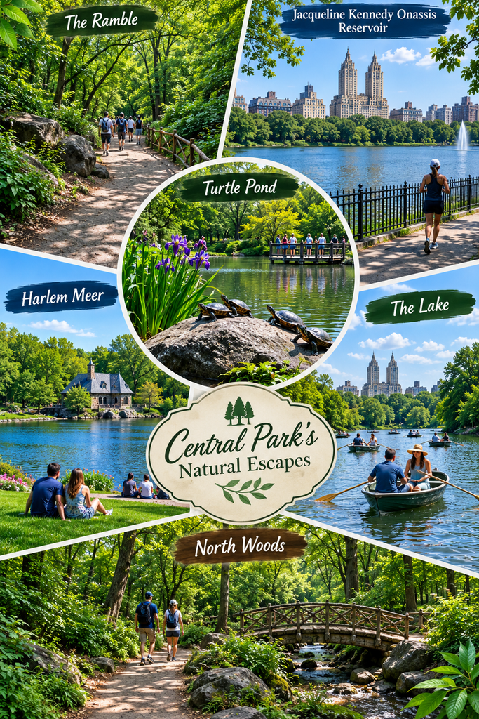 Colorful Central Park collage featuring The Ramble, Jacqueline Kennedy Onassis Reservoir, Turtle Pond, Harlem Meer, The Lake, and North Woods with scenic trails, wildlife, peaceful waters, rowboats, city views, and lush greenery.