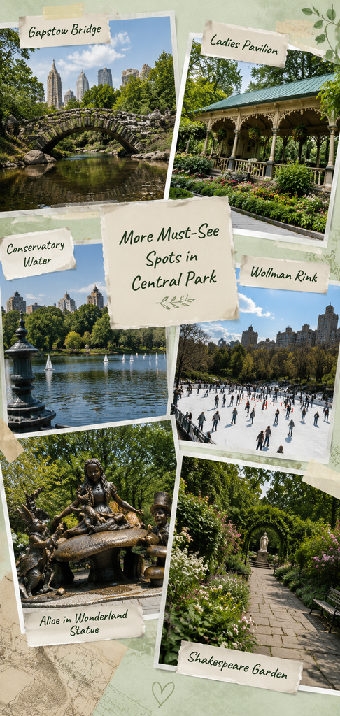 Dynamic vertical collage showcasing Gapstow Bridge, Ladies Pavilion, Conservatory Water, Wollman Rink, Alice in Wonderland Statue, and Shakespeare Garden with vibrant labeled landmark scenes.