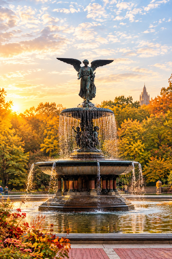 Autumn sunrise illuminates Bethesda Fountain in Central Park, highlighting its bronze angel statue, flowing water, surrounding golden-green trees, and peaceful brick plaza beneath a bright morning sky.