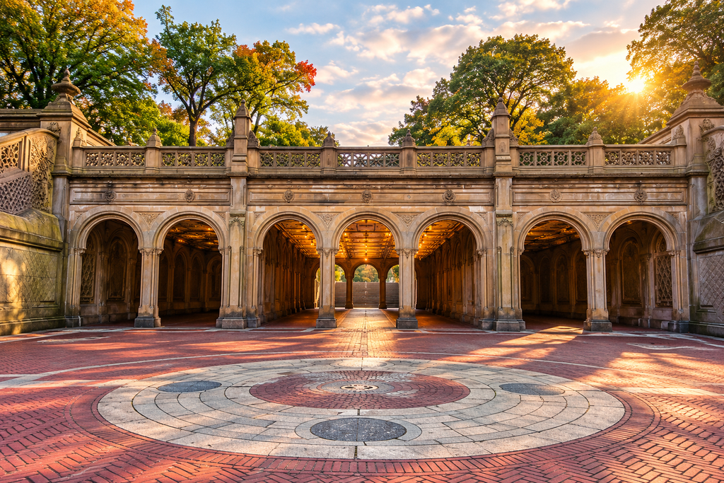 Bethesda Terrace arcade in Central Park, featuring ornate stone arches, intricate architectural details, patterned brick flooring, warm interior lighting, and lush trees beneath a dramatic cloudy sky.