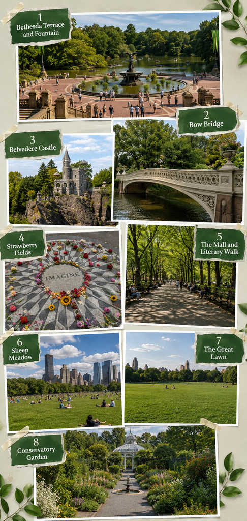 Vertical collage showcasing eight iconic Central Park landmarks: Bethesda Terrace, Bow Bridge, Belvedere Castle, Strawberry Fields, Literary Walk, Sheep Meadow, Great Lawn, and Conservatory Garden.