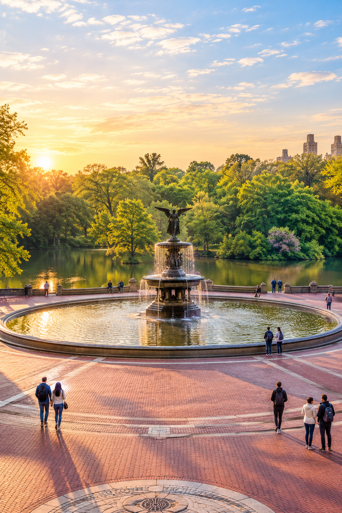 Sunrise illuminates Central Park’s Bethesda Fountain, reflecting golden morning light across the circular plaza, autumn trees, peaceful pathways, and visitors enjoying New York City’s iconic landscape.